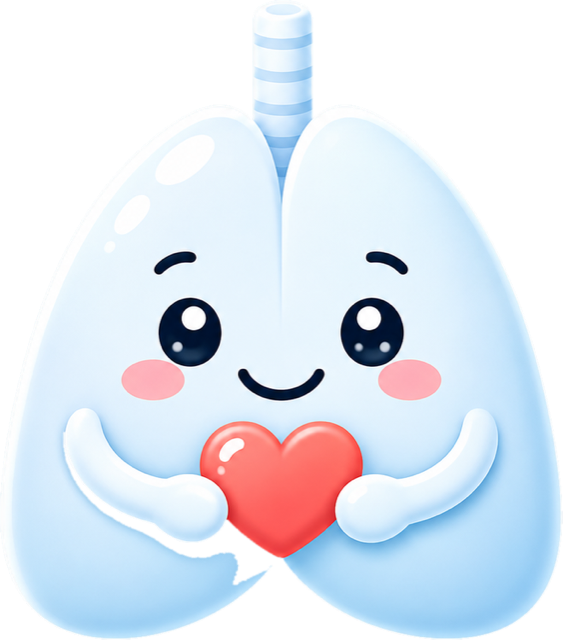 My COPD Buddy mascot — a friendly kawaii pair of lungs holding a heart