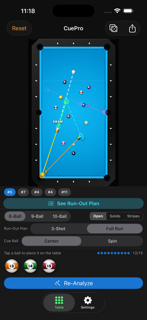 CuePro shot analysis screen