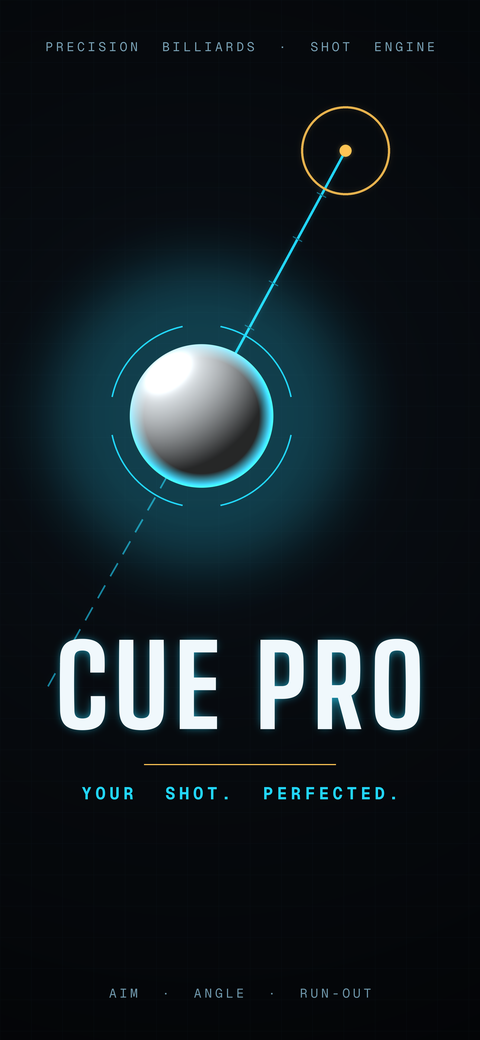 CuePro app splash screen showing a pool table layout with aiming line