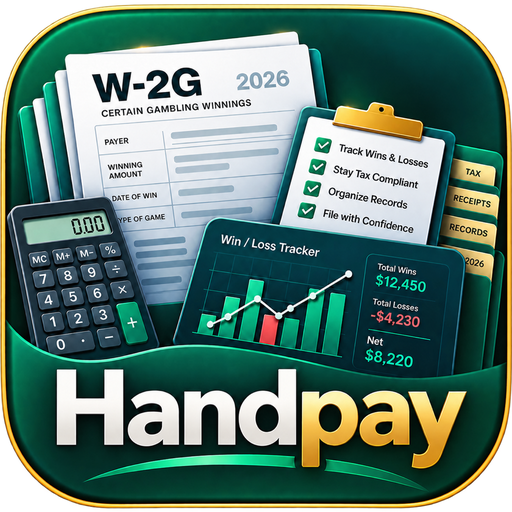 W2G Handpay app icon: W-2G forms, a records checklist and a win/loss tracker in a green file wallet
