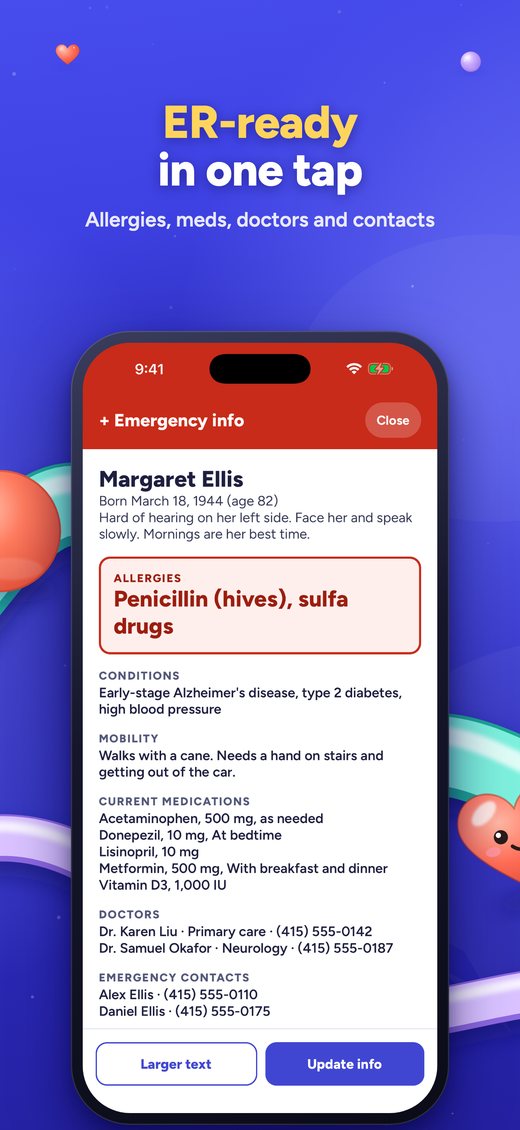 ER Mode: allergies, conditions, medications, doctors and emergency contacts on one screen