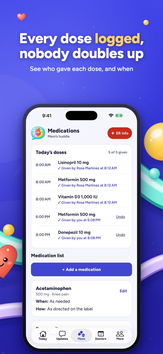 Medications: every dose logged with who gave it and when