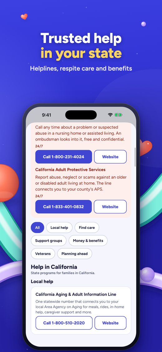 Help & resources: helplines, respite care and benefits in the loved one's state