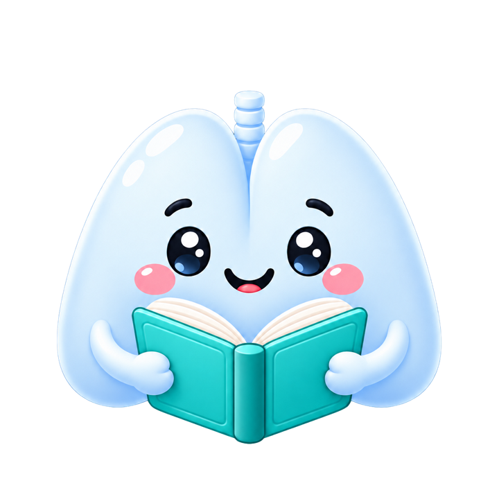 Respiratory Study Buddy mascot — a friendly pair of lungs reading a teal book