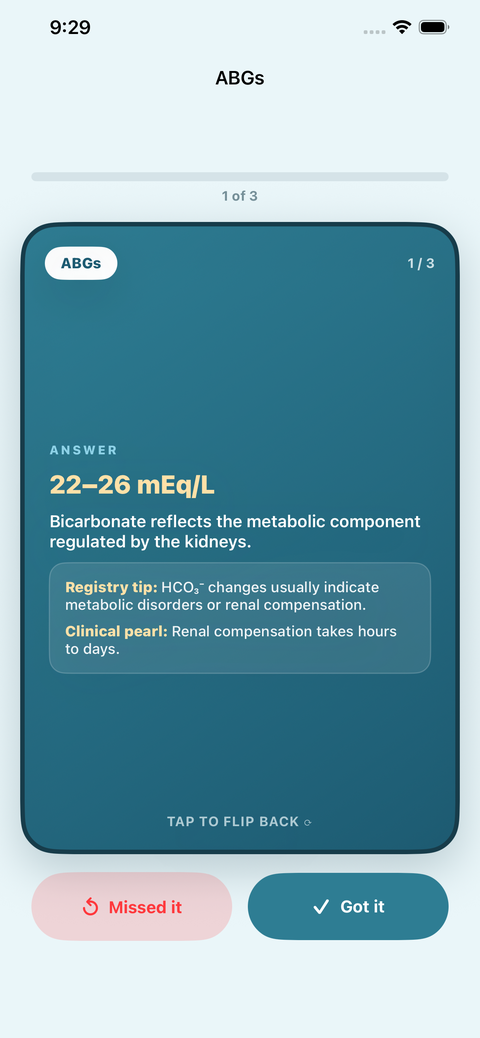 Respiratory Study Buddy answer card with explanation and clinical pearl