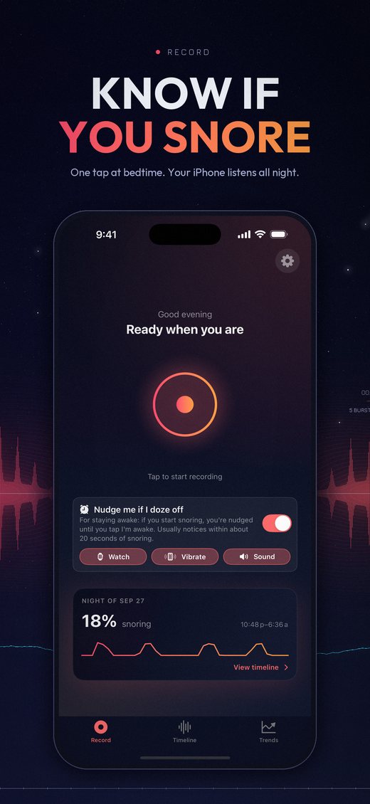 Record screen: one tap at bedtime, with the Stay Awake option and last night's snoring at 18%