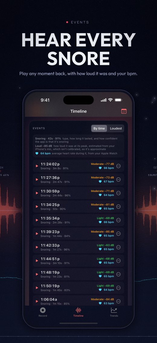Events list: each snore's time, length, estimated decibels and heart rate